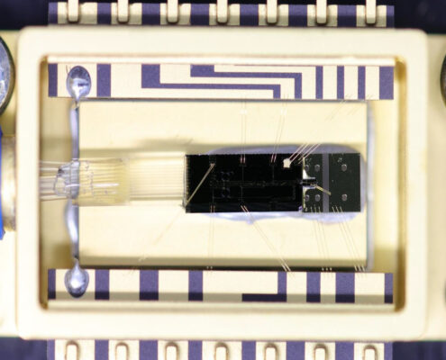 A photo of the fully assembled and wire-bonded laser module in a 14-pin butterfly package.
